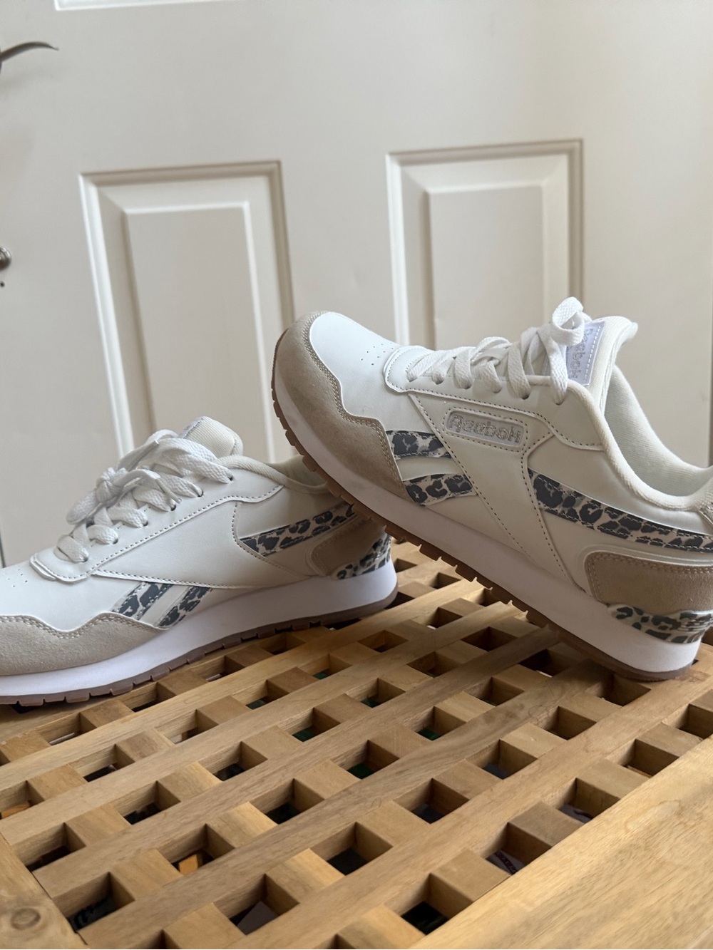 Reebok Women's White Sneakers with Beige Suede & Leopard Strip